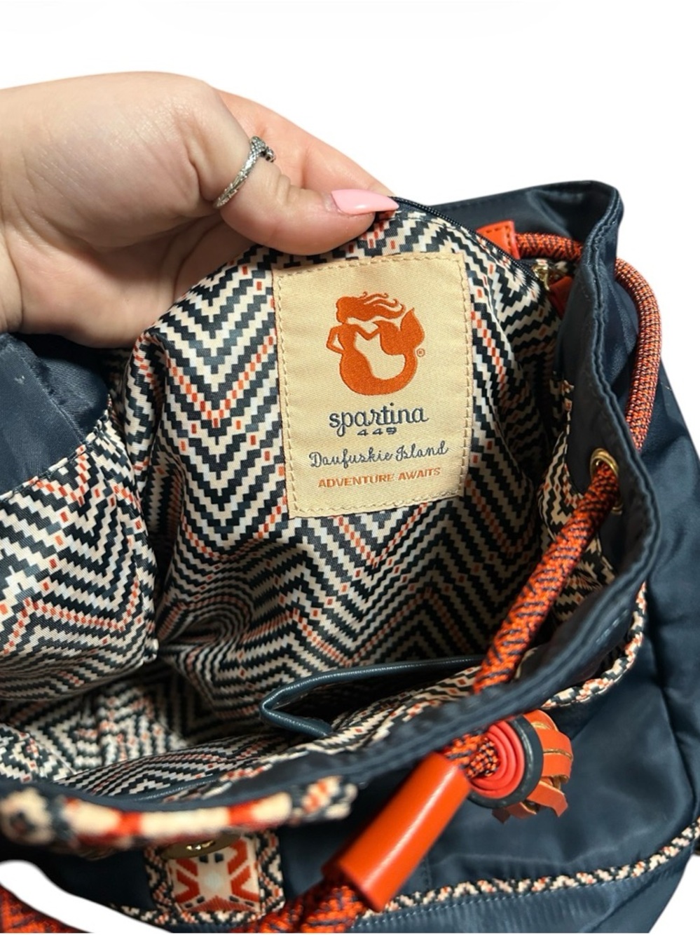 Spartina 449 Armada Tassel Backpack Daufuskie Island Navy Orange Embroidered Bag - Picture 5 of 8